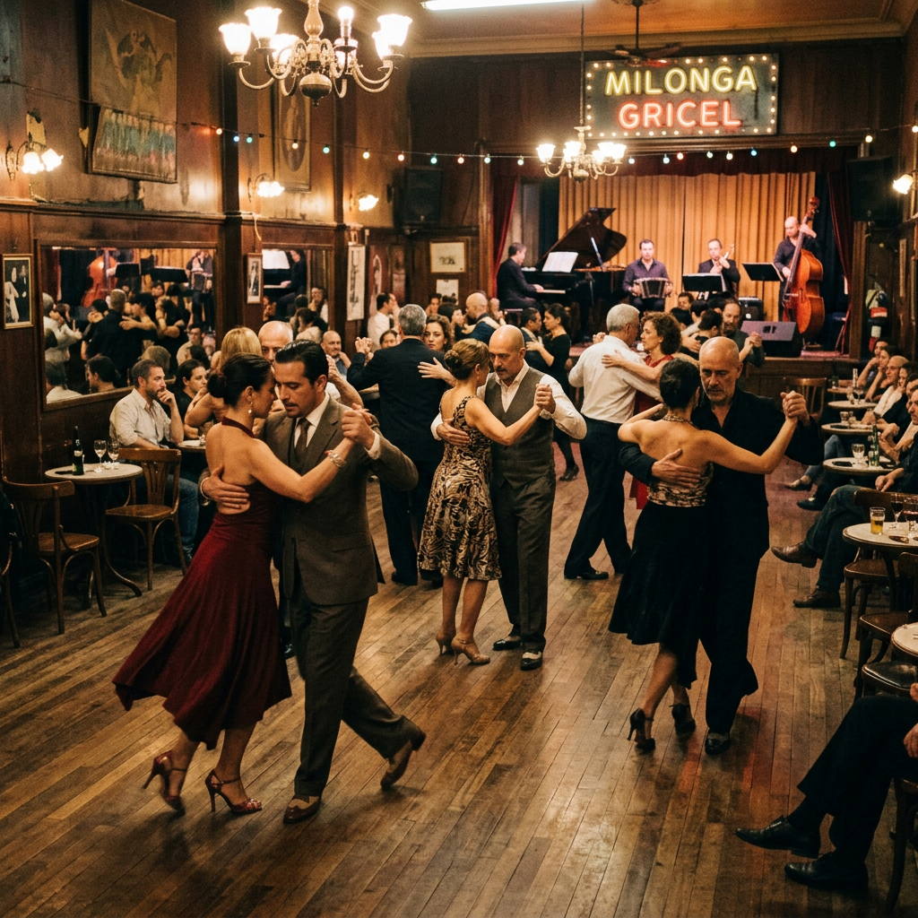 Couples dancing tango in front of a live band at Milonga Gricel